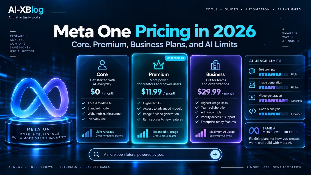 Meta One pricing in 2026 with Core, Premium, Business plans, and AI limits