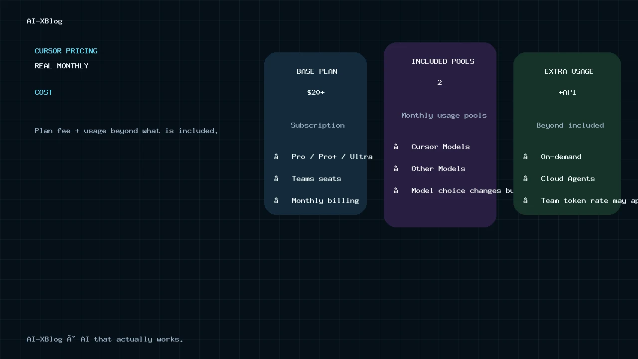 Cursor pricing cost structure showing the base plan, two included usage pools, and extra on-demand or Cloud Agent usage