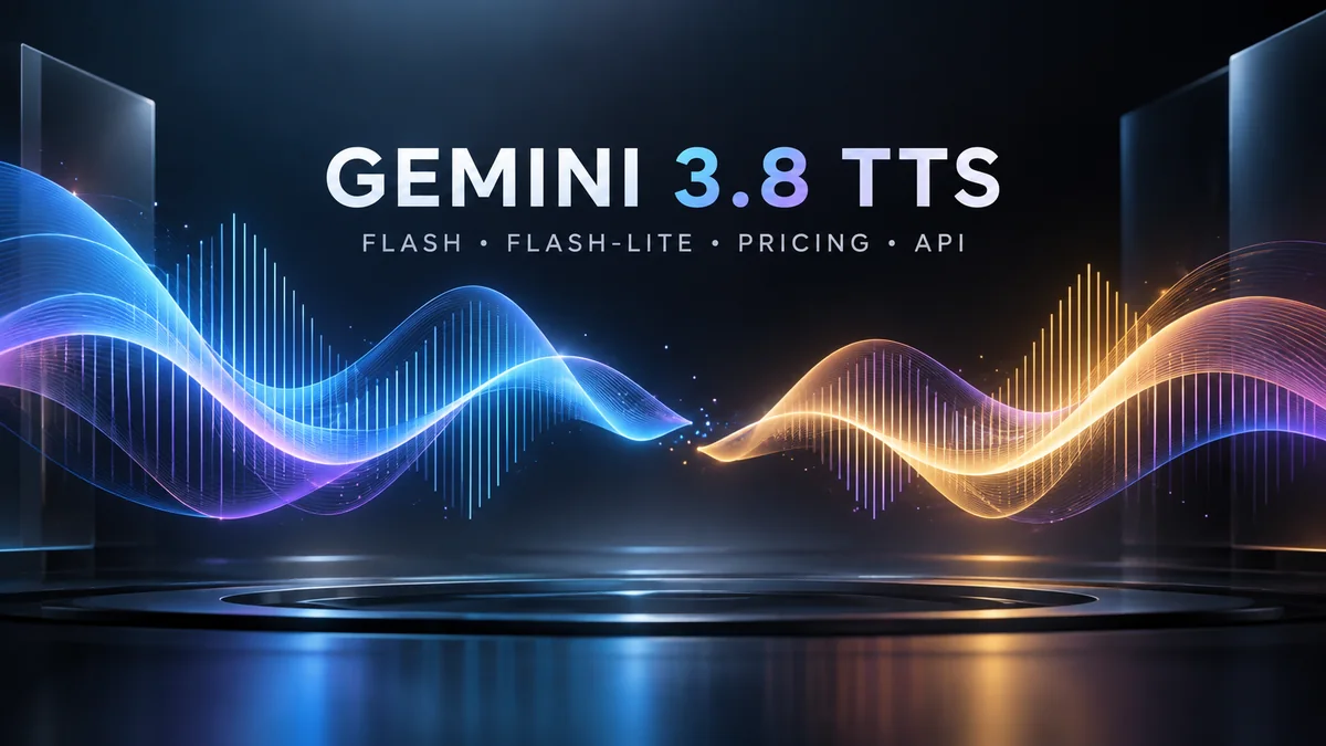 Gemini 3.8 Flash TTS and Flash-Lite TTS editorial cover with custom voice, API, and multilingual speech visualization
