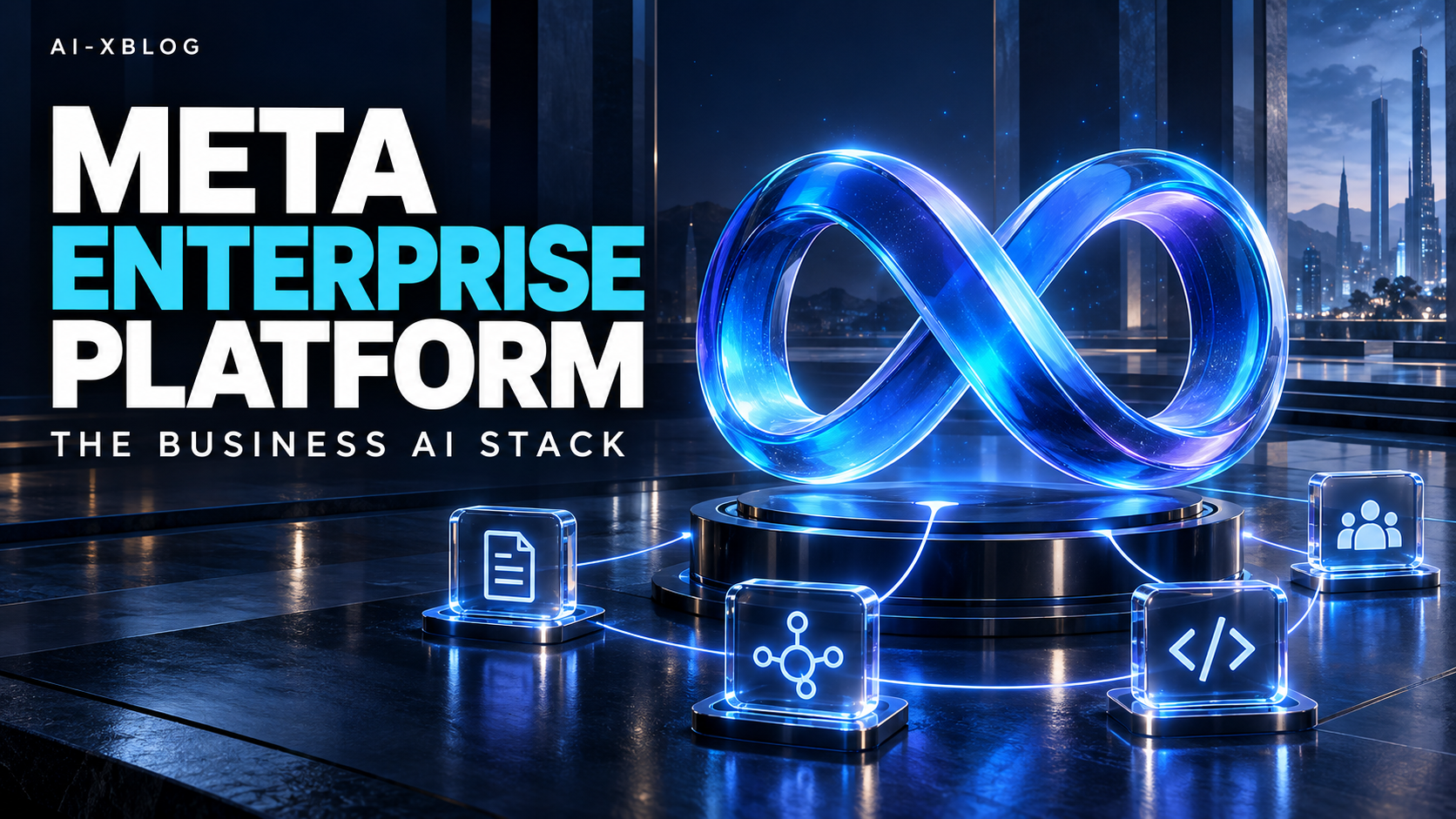 Conceptual blue infinity sculpture connecting document, network, code and team icons beside the headline Meta Enterprise Platform
