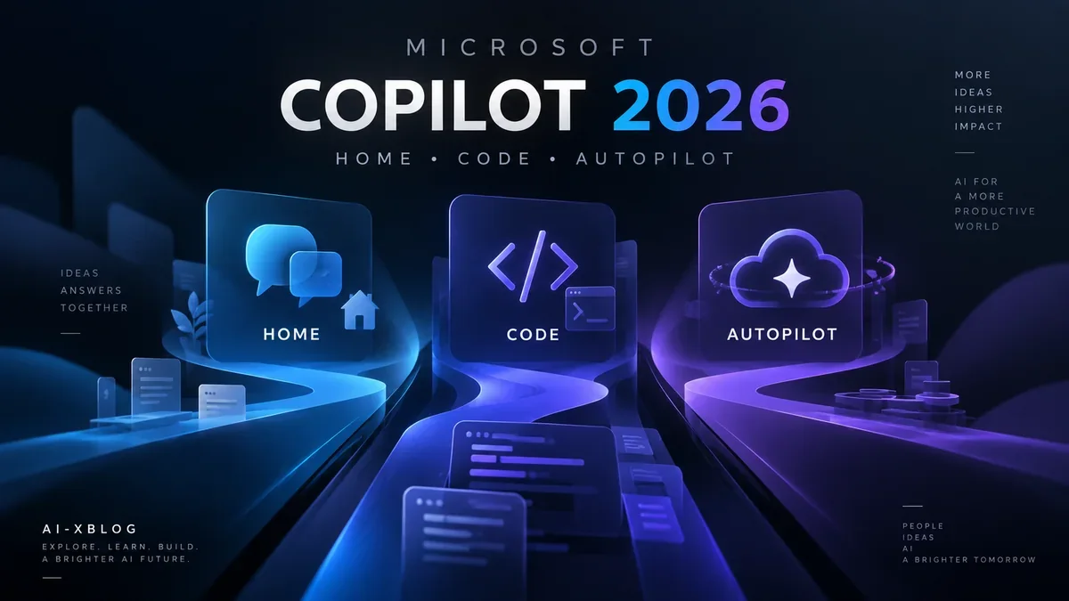 Microsoft Copilot 2026 editorial cover showing Home, Code and Autopilot