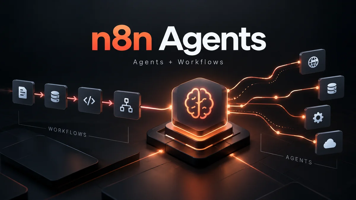 n8n Agents editorial cover showing an autonomous agent coordinating workflow tools