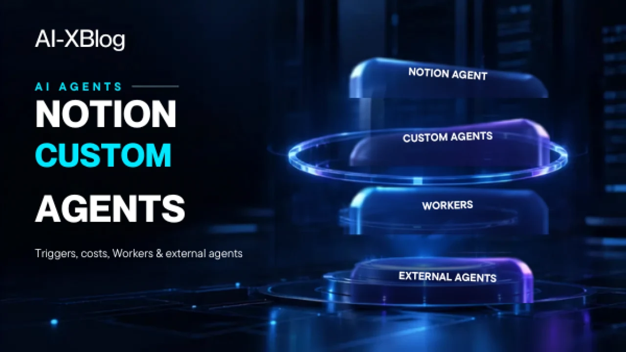 Notion Custom Agents 2026 cover showing the agent stack from Notion Agent to Custom Agents, Workers and External Agents