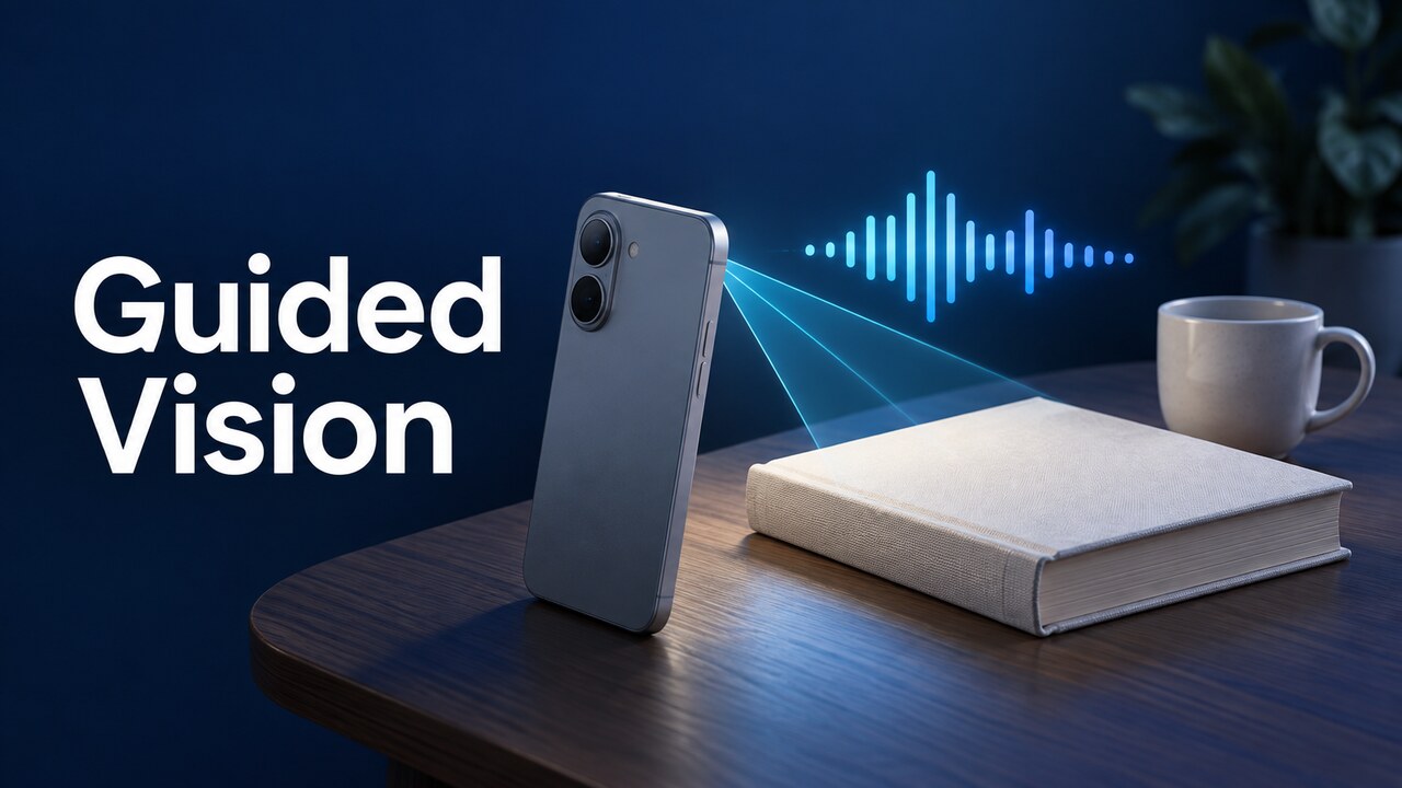 Conceptual illustration of a smartphone beside a book and cup, with a blue audio waveform and the words Guided Vision.