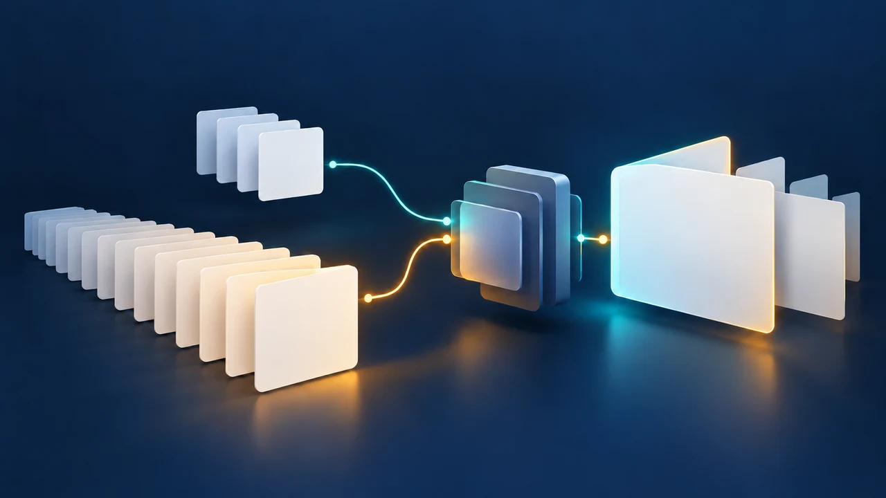 Compact and extended stacks of blank cards connected by teal and amber paths to layered blocks and blank output frames on a navy background.