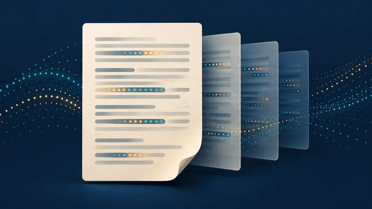 Ivory document with abstract text lines and teal and amber dots, backed by three translucent revision layers on navy.
